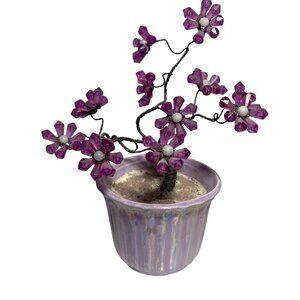 Decorative Faux Bonsai Tree Purple Flowers In Iridescent Lavender Pot 6" Tall